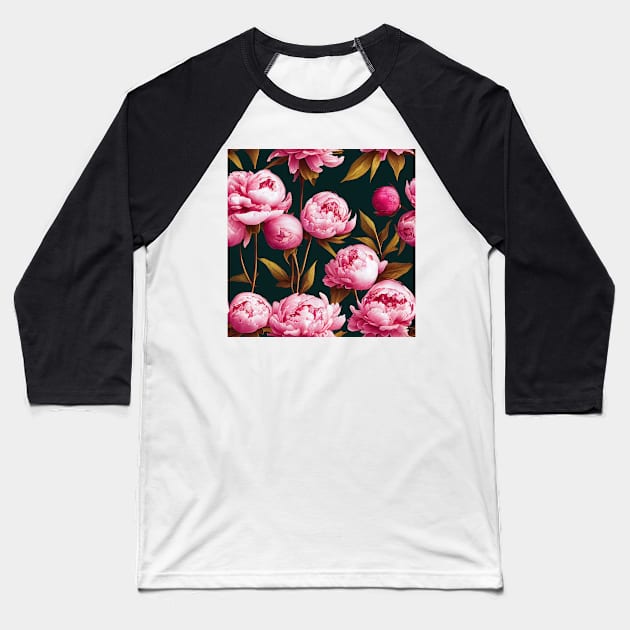 Pretty Pink Peony Flower Pattern on Black Background Baseball T-Shirt by VintageFlorals